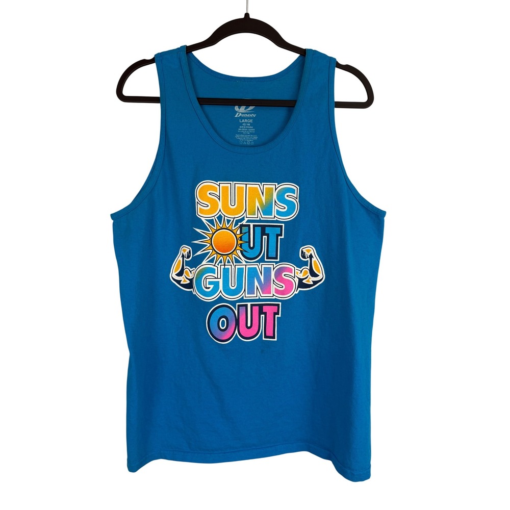 Dynasty Mens Blue Suns Out Guns Out Graphic Tank Top Large Muscle Shirt Beach